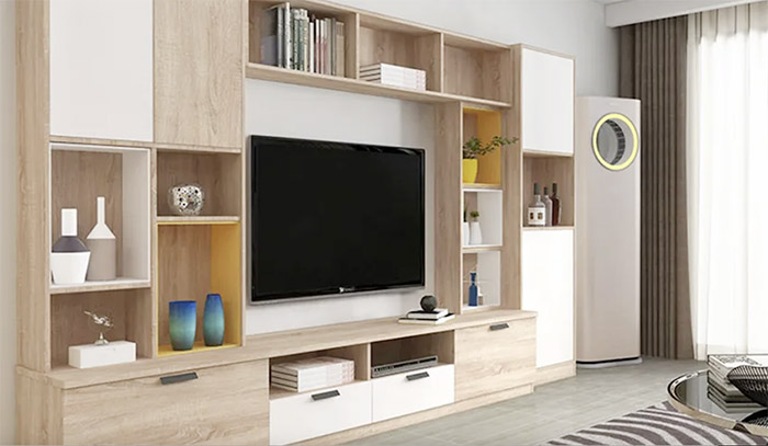 Mẫu tủ tivi kết hợp đồ nội thất decor mang đến phong cách thiết kế phòng khách hiện đại, sang trọng