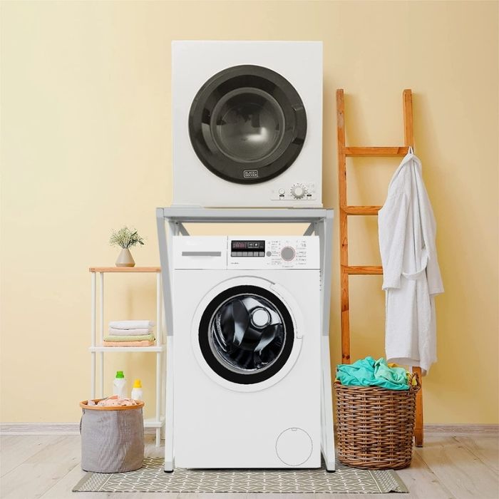 Mẫu kệ trưng bày máy giặt sấy bằng gỗ hiện đại