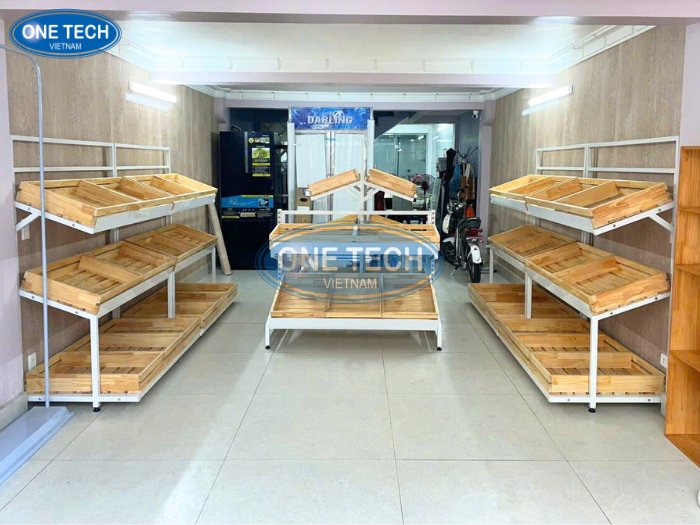 Kệ gỗ trưng bày trái cây 3 tầng đơn giản