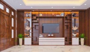 Kệ gỗ âm tường thiết kế tại phòng khách gia đình