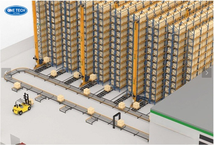 Kệ kho hàng tự động ASRS tích hợp băng chuyền
