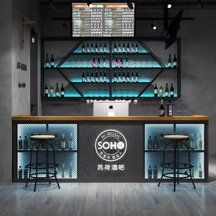 Kệ quầy bar đèn LED màu xanh huyền bí