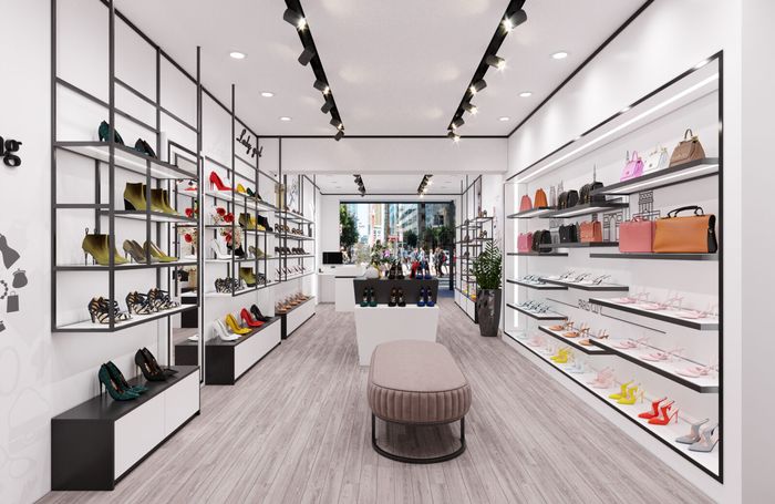 Mẫu thiết kế cửa hàng, shop giày dép đơn giản, hiện đại