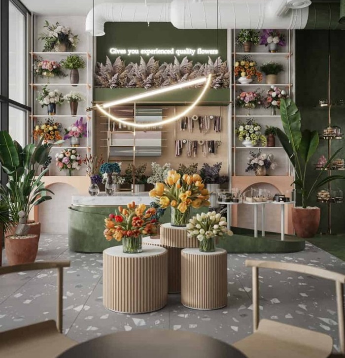 Cửa hàng hoa với các mẫu kệ áp tường kết hợp đèn trần tinh tế