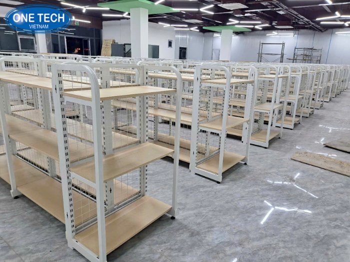 Kệ siêu thị khung sắt mặt gỗ khung bo góc