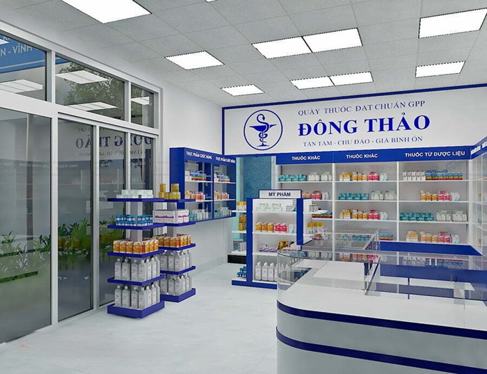Thiết kế quầy thuốc tây theo tông màu xanh dương