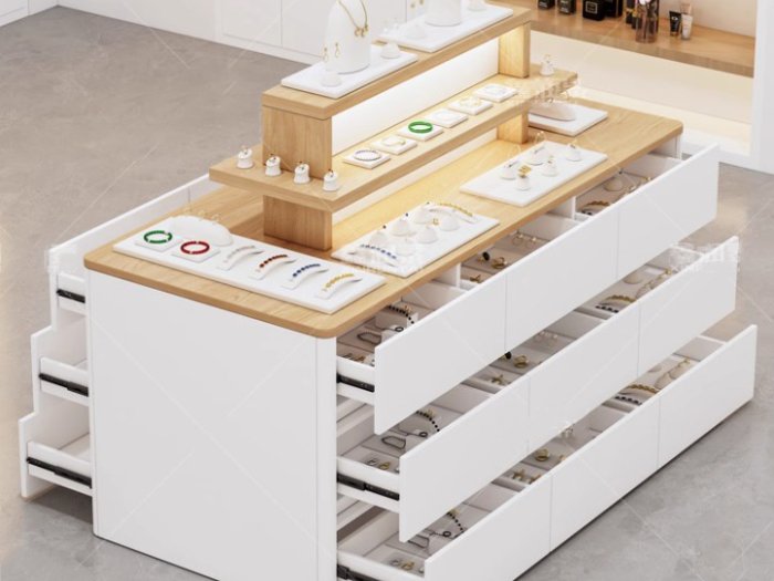 Kệ trang sức cỡ lớn có ngăn kéo trưng bày giữa không gian