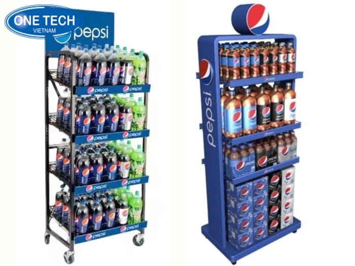 Kệ quảng cáo Pepsi thường được thiết kế theo yêu cầu riêng