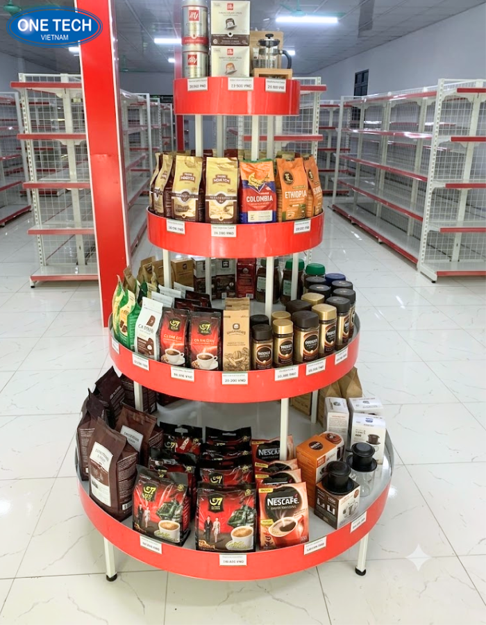 Kệ hình tròn 4 tầng bày cafe cho cửa hàng thêm thu hút