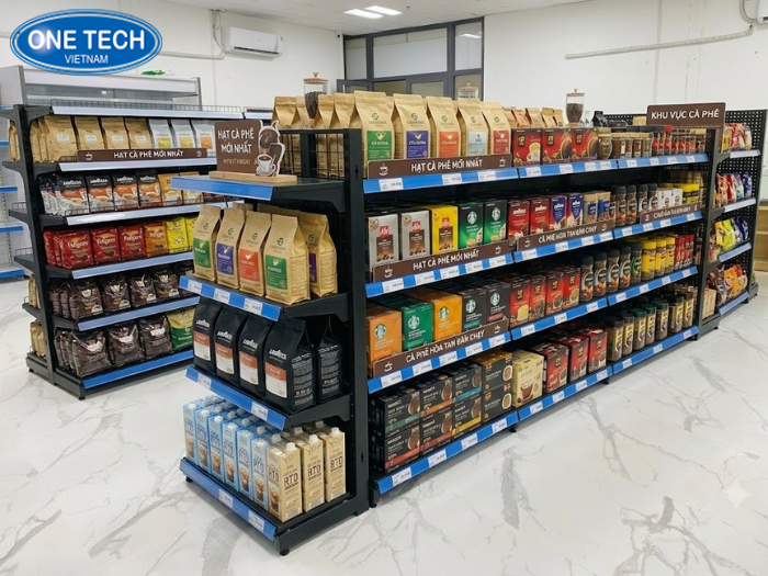Kệ lưng tôn màu đen cho cửa hàng cafe